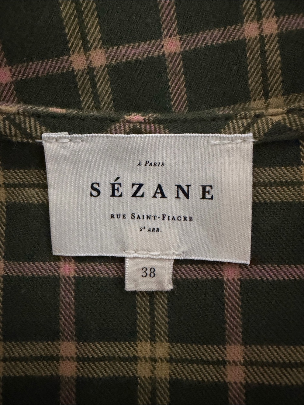 Sezane Brenda Plaid Blouse Checkered Tie Front Fall Top Velvet Green Size Medium - Picture 3 of 13
